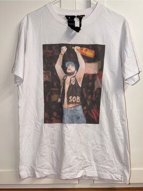 VLONE AusTiN SOB White Graphic Tee with Celebration Bottle Print L